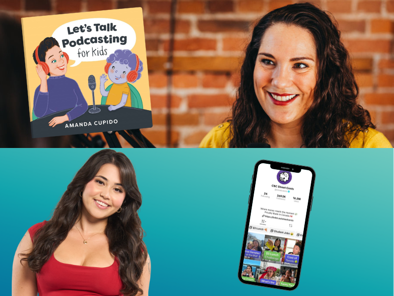 A horizontally split image with the top of a woman in front of a brick wall smiles with a book cover image to the left of her. Below a woman stands in front of a blue gradient background smiling at the camera and to the right of her is a screenshot of a TikTok page in a phone frame.